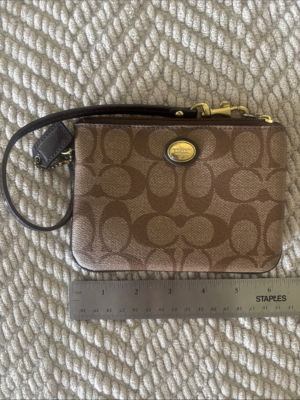 Coach Brown Monogram Canvas Wristlet with Gold Hardware